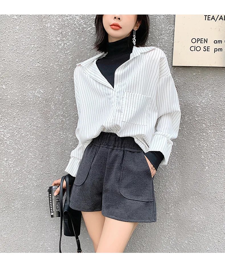 2021 New Spring Autumn British Style Woolen Casual Shorts Black Khaki Brown High Waist Casual Shorts for Woman Shorts short pants