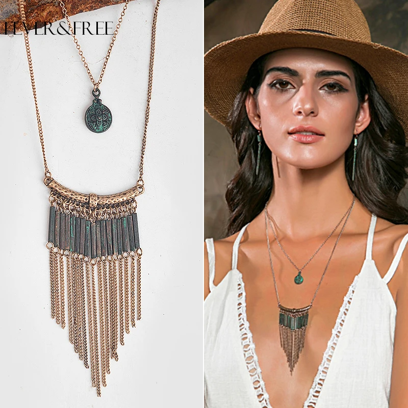 

Fever&Free Hot Sale Bohemia Ethnic Double Layer Necklaces For Women Alloy Chain Female Tassel Pendant Necklace Statement Jewelry