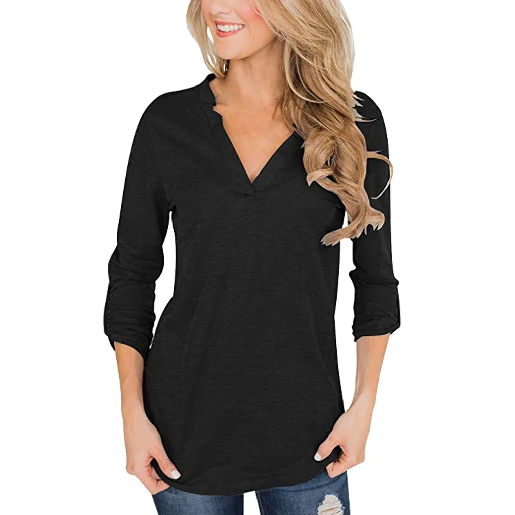 SAGACE Женская модная Однотонная рубашка с v-образным вырезом пуловер Топ осенняя и зимняя сексуальная рубашка горячая Распродажа длинный рукав