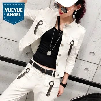 

Three Quarter Sleeve Single Breasted Stand Collar Short Coats Full Length Harem Pants Womens Tassel Slim Denim Two Piece Outfits