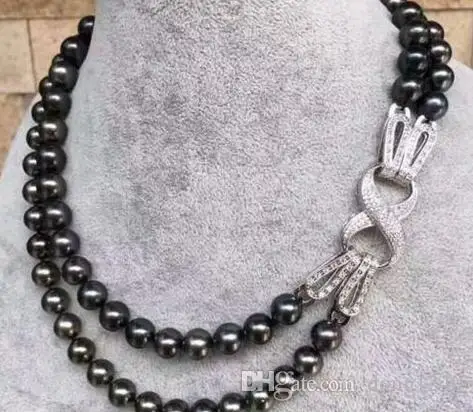 

2 rows of 9-10mm tahitan black green pearl necklace 18 "19" 925