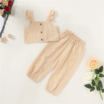

1-6Y Toddler Infant Kids Baby Girl Clothes Sleeveless Strapless Button Crop Tops+Long Pants Casual Party Outfit Sets Tracksuit
