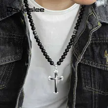 8 мм матовые стеклянные бусины гематит металлические бисерные Длинные ожерелья черный серебряный крестик Подвесной Ожерелье для мужчин мальчик 2" DDN122