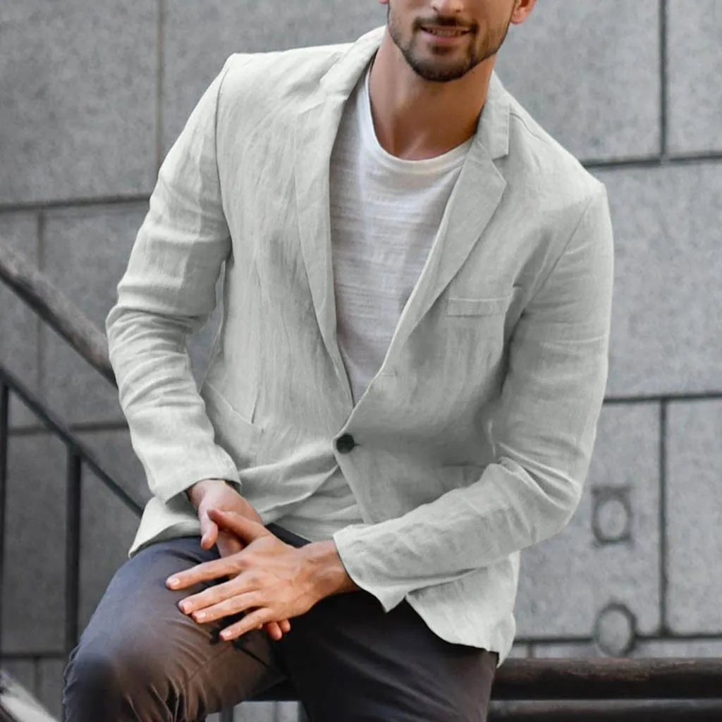 Men's Slim Fit Linen Blend Blazer Pocket Solid Lightweight Imitation Hemp Long Sleeve Suits Jacket Thin Outwear | Мужская одежда