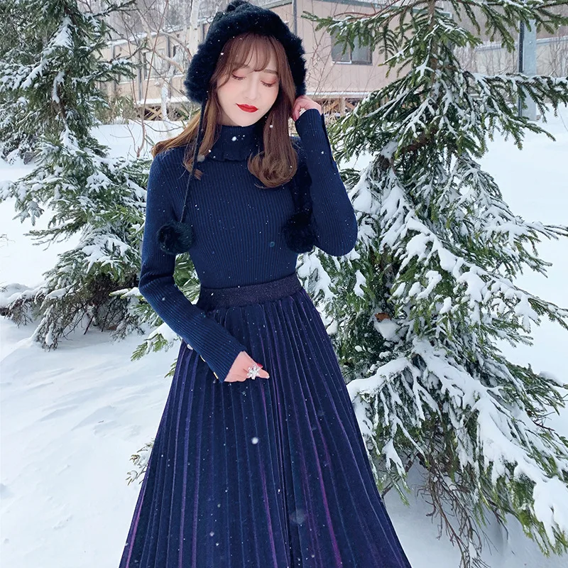 

Sweater Versatile Tops + Metal Pleated Skirt Two-Piece Set
