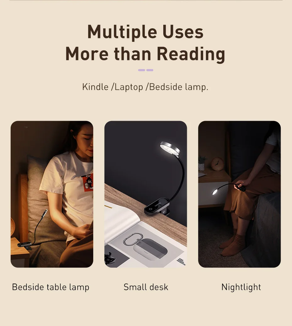 Baseus Table Light USB Rechargeable Clip-On LED Desk Lamp Flexible Mini Night Light Reading Lamp for Book Travel Bedroom