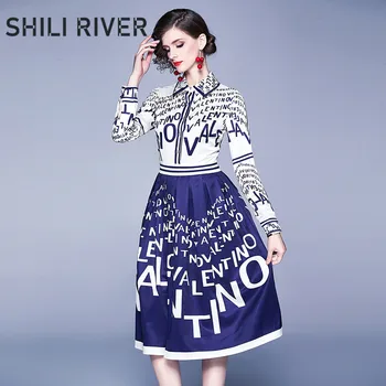 

2020 spring autumn runway designer shirt dress for women long sleeves slim casual print paisley retro elegant full dresses blue