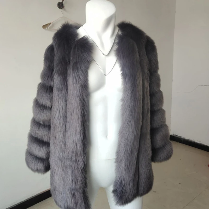 dark gray fur coat Зима новое длинное меховое пальто для женщин из искусственного лисьего меха куртка размера плюс XXXL толстые теплые роскошные высококачественные пушистые меховые пальто - Цвет: dark gray fur coat