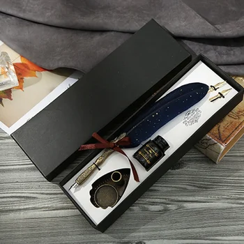

English Calligrap Feather Pen Set Vintage Advertising Gift Ink Pen Dip Water Metal Fountain Pen Set Birthday Gift Box 2 Nibs