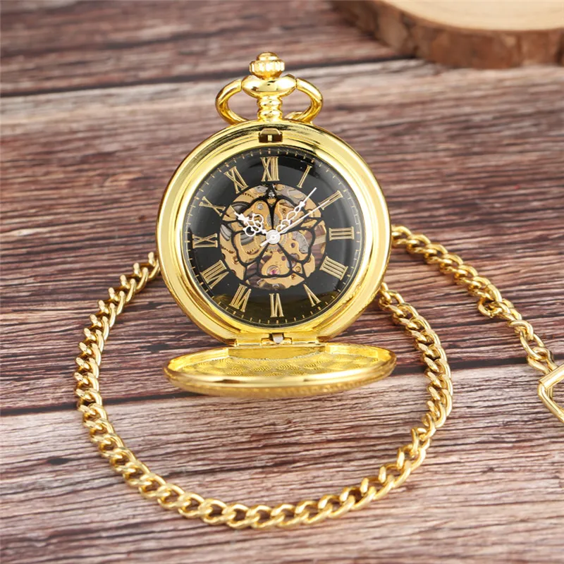 Antique Luxury Yellow Gold Shield Design Clock Skeleton Dial Mechanical Hand Winding Pocket Watch for Men Women Gift FOB Chain