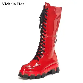 

Vichelo Hot fashion brand thick bottom genuine leather high heels round toe lace up winter warm young lady high high boots L3f1