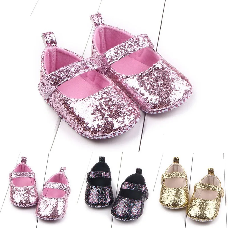 Sequin Newborn Baby Shoes Baby Girls Princess Shoes Infant Soft Sole First Walkers PU Leather Soft Sole Shoes Pink Gold Black