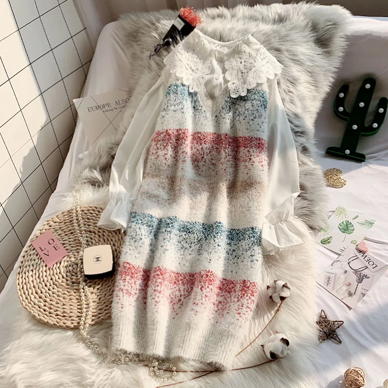 Красный Gagarich Vest Dress Women New Knittde O-Neck Striped Long Sweet Cute Soft Spring Autumn Korean Version Female Vests - Цвет: Красный