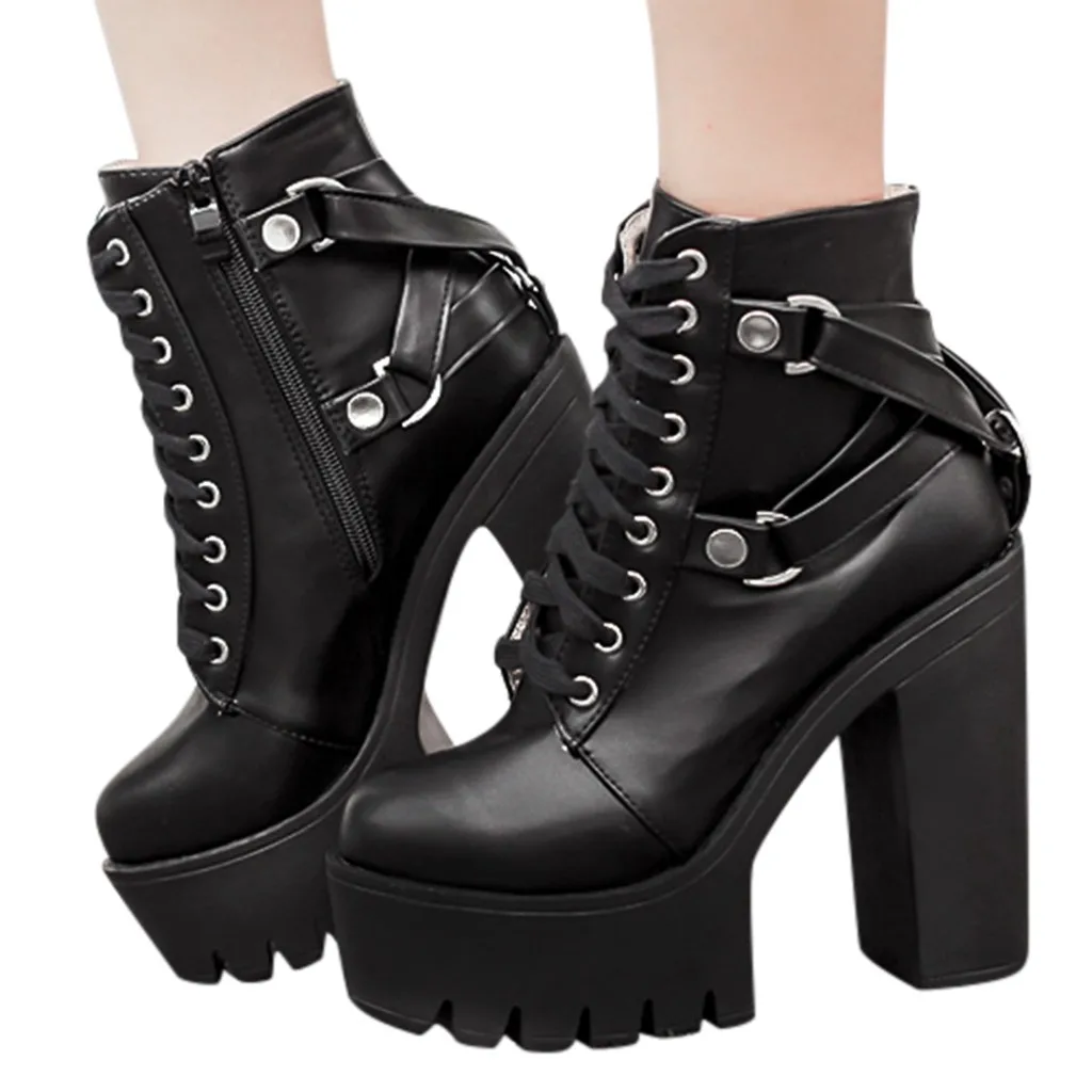 

Fashion Ankle Boot High Heels Lady Lace Up Shoe Soft Leather Platform Shoe Party zapatos mujer 2019 verano tacon plataforma#N3