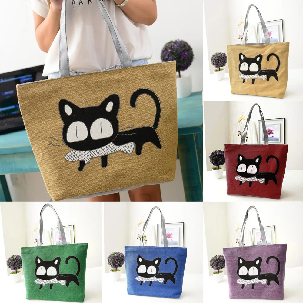 

2020 Women Cute Cat Tote Bags Ladies Fashion Leisure Canvas Shopping Handbag multifunctional single shoulder capacity bag#F