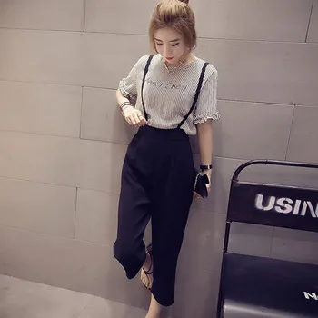 

New Fashion O-Neck Striped Top And Overalls Set Casual Korean Style T Shirt Pant Two Pieces Set