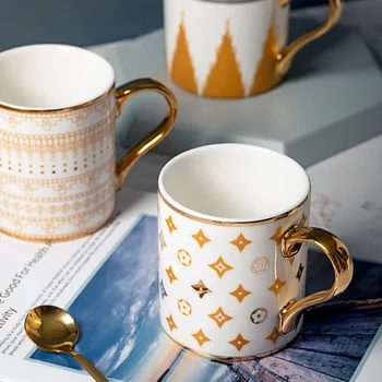 

New Golden Ceramic Mug Coffee Tea Milk Drinking Cups with Handle Coffee Mug for Office Novelty Gift With box