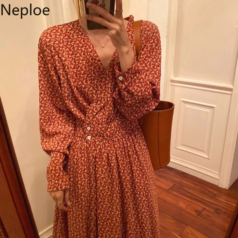 Женское платье с цветочным принтом Neploe модное приталенное v-образным вырезом и