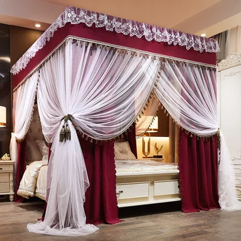 

Luxury Red Green Pink Two Floors Three Doors Square Floor-standing Shading Princess Lace Bed Mantle Mosquito Net Room Decoration