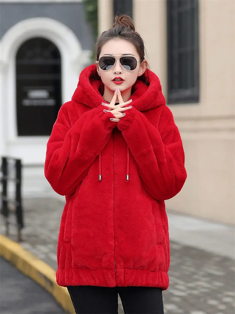 Red Искусственная шуба из кролика Рекс женский зима длинный рукав корейский Свободный плюш толстые толстовки, свитшоты, куртки для женщин Меховая куртка - Цвет: Red