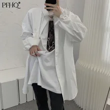 Pfhq 2021 nova moda masculina solto branco colarinho quadrado com gravata estilo coreano na moda camisa de manga comprida primavera e outono 21e4809