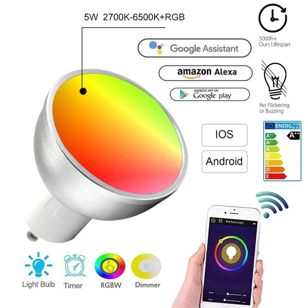Умная лампа GU10 WiFi Led Bombillas 5 Вт RGB + W Dimbare лампада домашний декор приложения afstandard