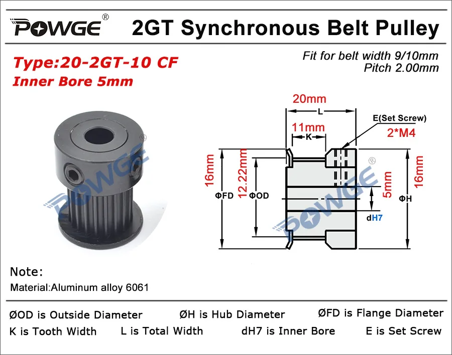 POWGE черный анодированный 20 Зубы 2 м 2GT синхронный шкив диаметр 5 мм для Ширина 9/10 мм 2MGT GT2 открытый ремень 20T 20 Зубы VORON