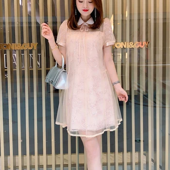

Runway Designer New Sexy Tulle Cutout Sequins Short Sleeves Bow Tie Beaded Loose Mini Dress Women'S Clothing New High Quality