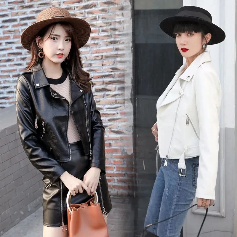 

Spring Autumn Women's Clothing Faux Leather Short Jacket Zipper Pu Motorcycle Coat Female Black Pink White Outerwear With Belt