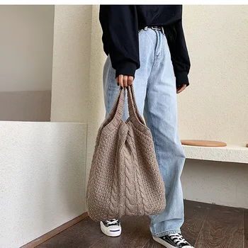 

Knitted handmade solid color shoulder bag ladies thick line shoulder bag wool women bag leisure portable knitted Harajuku bag