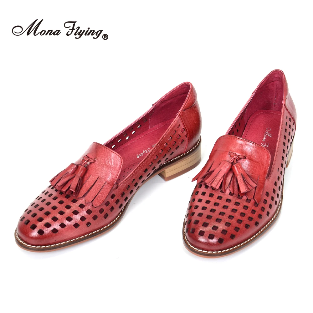 Mona Flying Women's Leather Penny Loafer Hand-made Slip-on Tassel Loafer Casual Flat Breathable Fringes Shoes for Women A068-35A