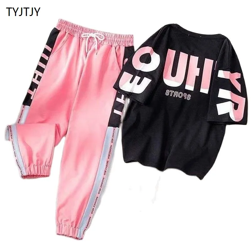Conjunto de 2 piezas de ropa de verano para mujer, traje deportivo de dos piezas a la moda, holgado, fino corto, de manga corta, informal, 2021