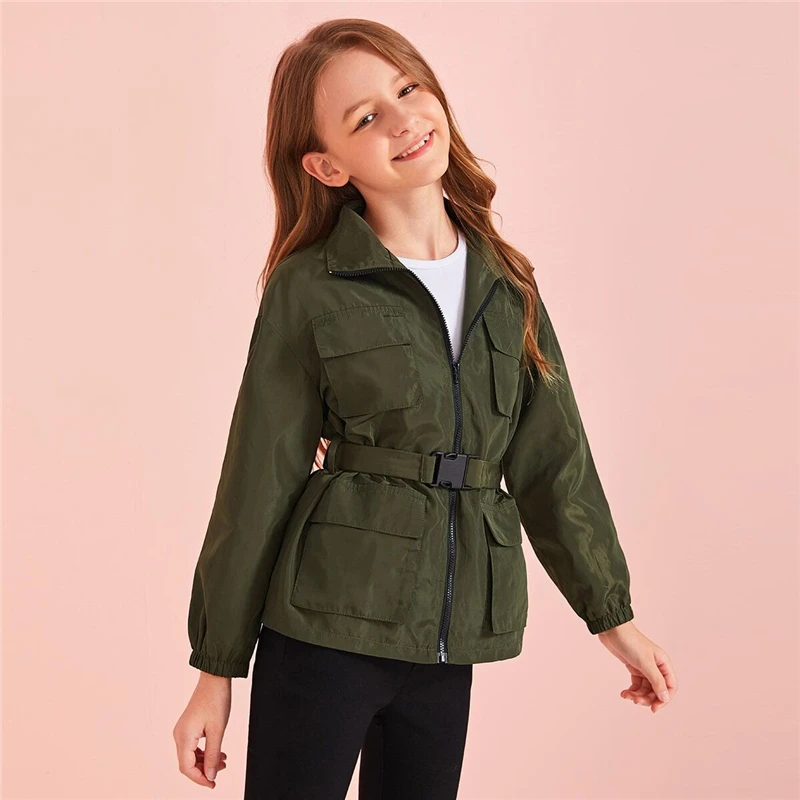 SHEIN/Детская штормовка армейского зеленого цвета с карманами на молнии спереди Детское пальто г. Осенняя одежда для активного отдыха повседневные куртки с длинными рукавами и поясом
