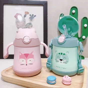 

350ml Portable Strap Student' Vacuum Flasks 316 stainless steel Baby's Thermos Cup With Handle Straw Water Bottle Kids Kettle