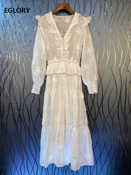 

Top Quality New White Long Dress 2020 Summer Women Sexy V-Neck Appliques Embroidery Long Sleeve Vintage Long Maxi Dress Ladies
