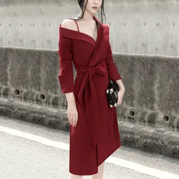 

Korea 2020 Spring Autumn New Pattern Asymmetrical Long Sleeve Chalaza Waist Woman Chic Temperament Strapless Dress R105