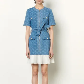 

WOMENGAGA 2020 Summer New Denim Dress Button Zipper O-neck Empire Mini Patchwork Bandage Straight Fashion Womens Pleated A486