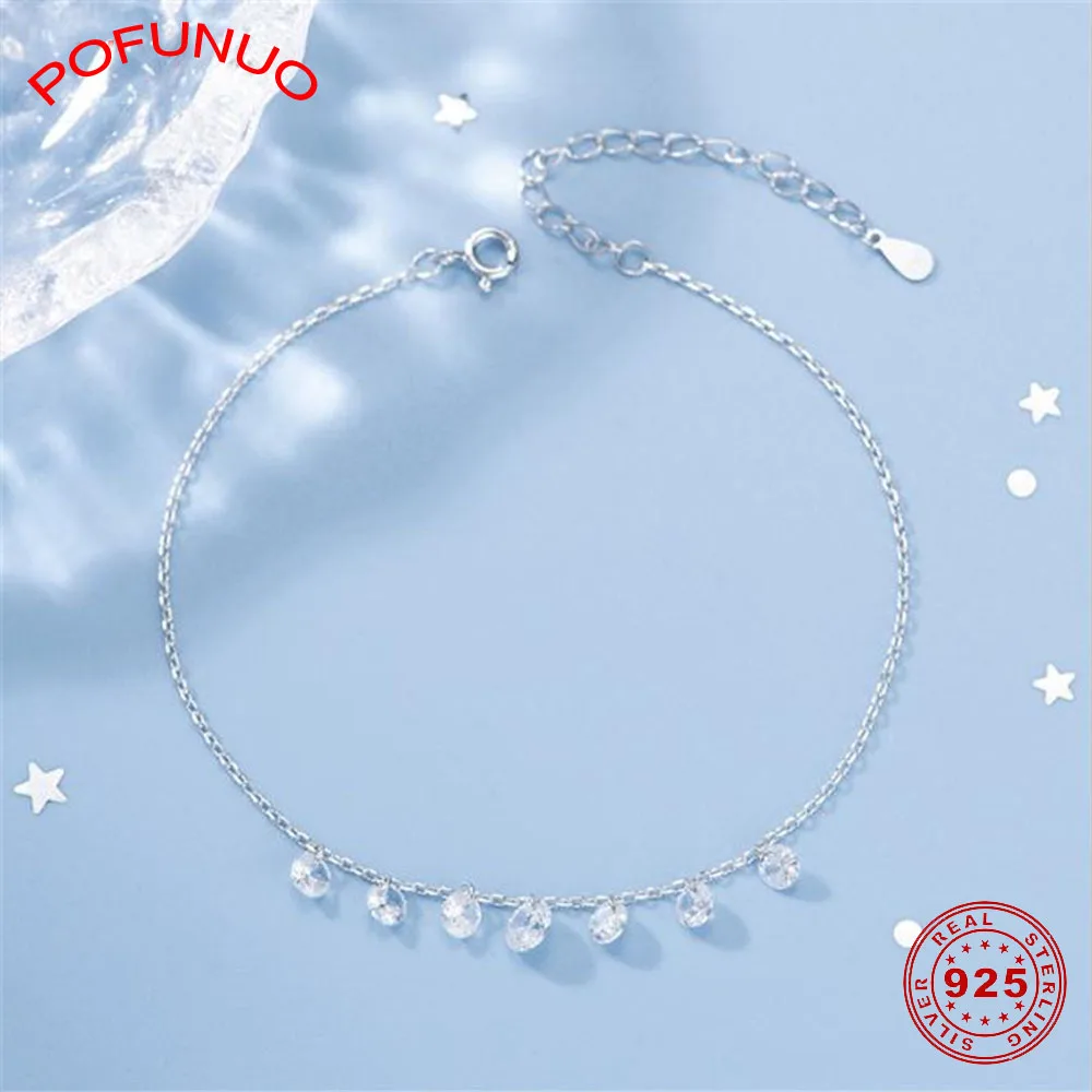 POFUNUO 925 Sterling Silver Rhinestone Bracelets Gold Color 22.5+4cm Women Simplicity Summer Fine Jewelry Lovers Gift | Украшения и