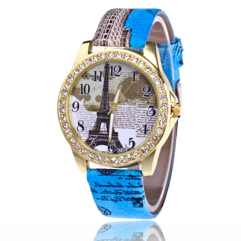 

Hot Selling Diamond Set Paris Eiffel Iron Tower Watch Fashion with Numbers Leather Belt Ladies' Watch Printed Watch