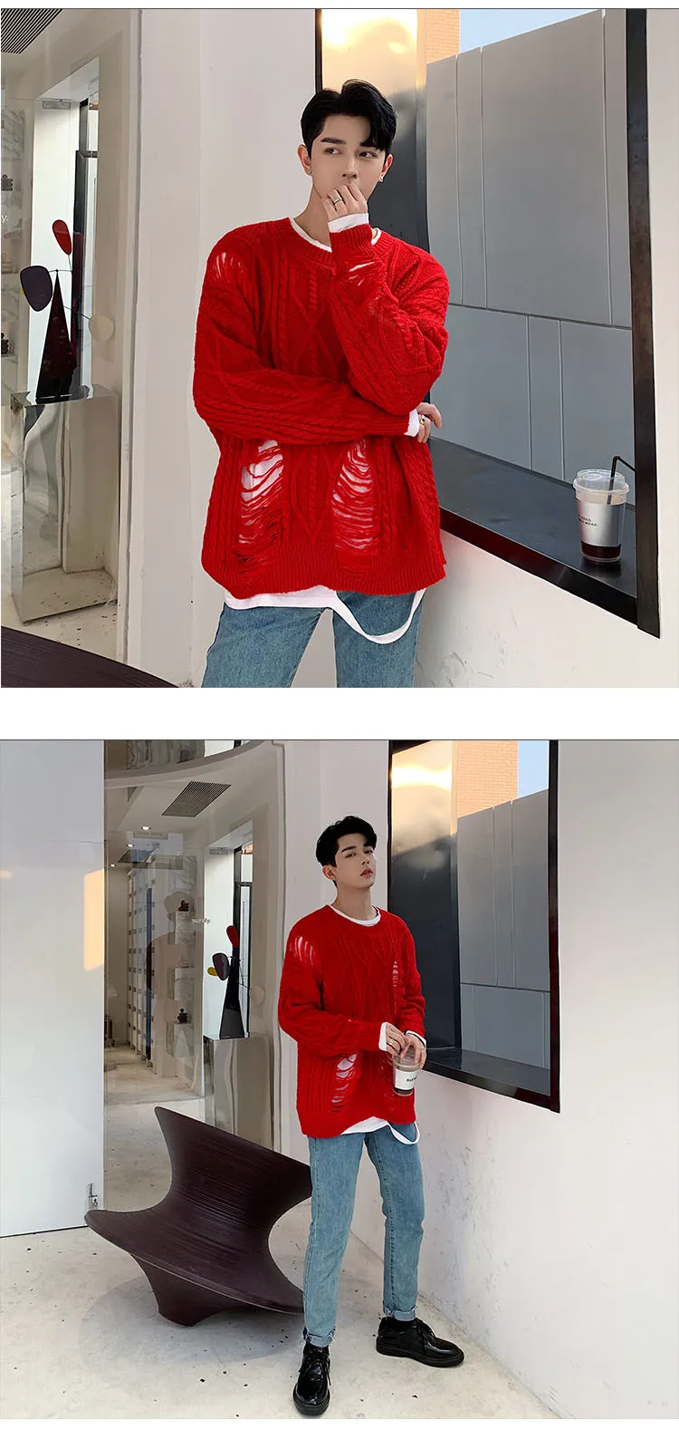 Мужской вязаный пуловер с круглым вырезом, уличная мода, Свободный Повседневный свитер с большими отверстиями, мужской свитер в стиле хип-хоп, панк, черный, красный, парный свитер