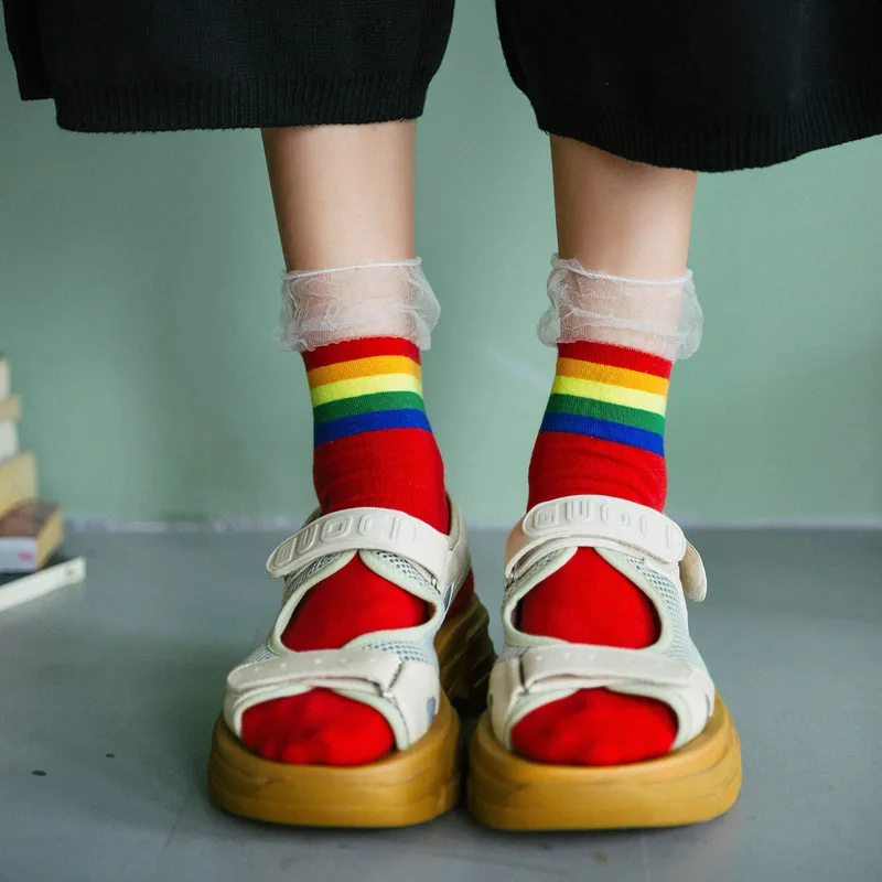 Креативные сетчатые радужные полосатые хлопковые женские носки, Модные осенние милые цветные носки, высокое качество, милые Молодежные Забавные милые носки