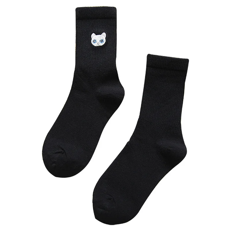 Модные женские хлопковые носки с вышивкой, милые спортивные носки с котом, Японские Женские однотонные носки, стерео носки с рисунками животных - Цвет: Черный