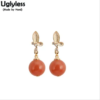 

Uglyless Real Fine Jewelry for Women Agate Balls Gemstones Earrings Real 925 Silver Leaf Brincos Bijoux Gold Plate Jewelry E1880