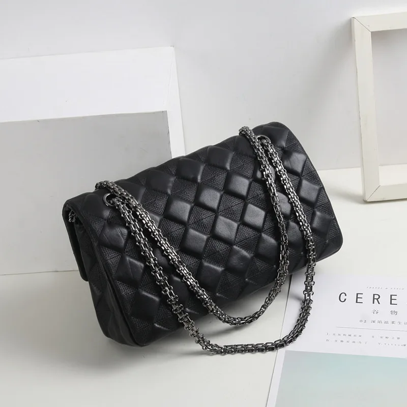 

WOMEN'S Leather Bags New Style Online Celebrity Style Rhombus Chain Bag Sheepskin Cool Versatile Shoulder Square Sling Bag