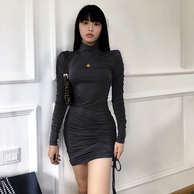 2020 Long Sleeve Ruched Bandage Sexy Mini Dress Autumn Winter Women Fashion Streetwear Outfits Party Wear