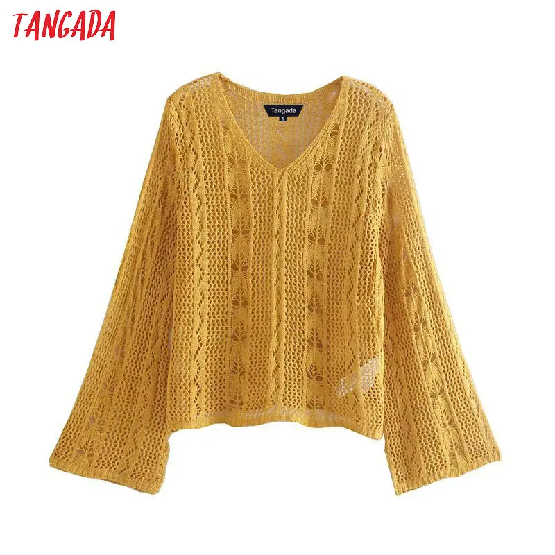 

Tangada Yellow Hollow out knitted women pullover sweater 2019 flare sleeve female O-neck casual ladies jumper 4M66