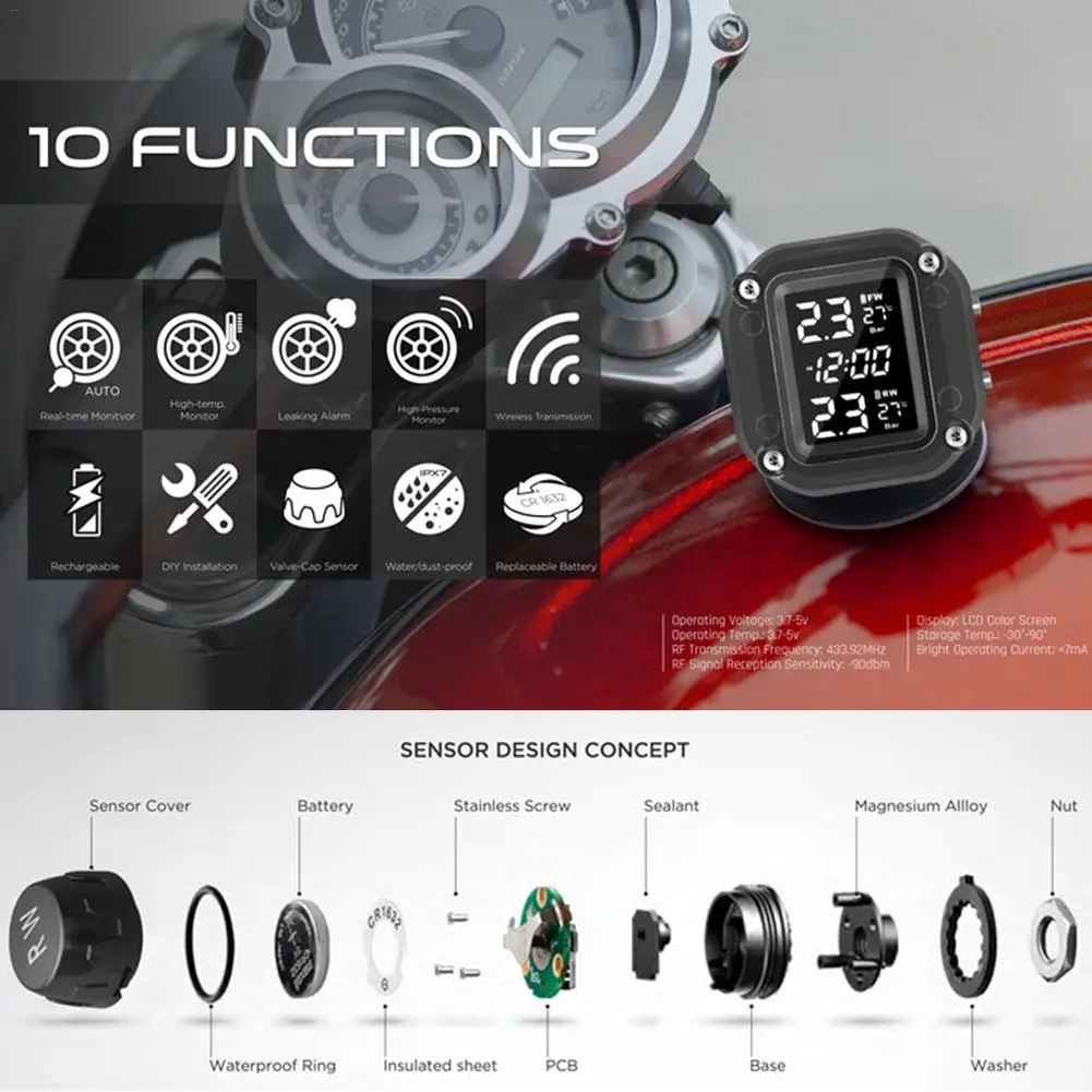 Система контроля давления в шинах мотоцикла TPMS lcd дисплей высокоточная водонепроницаемая система контроля давления в реальном времени в шинах