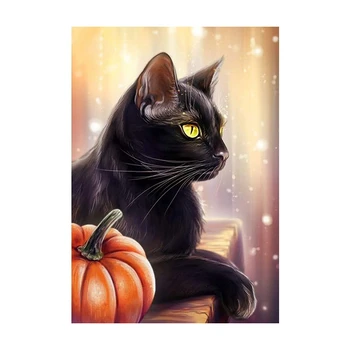 

DIY 5D Diamond Painting Full Round Drill Kit Rhinestone Picture Art Craft for Home Wall Decor Cat and Pumpkin Lights