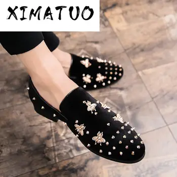 

New Fashion Gold Top and Metal Toe Men Velvet Dress shoes italian mens dress shoes Handmade Loafers