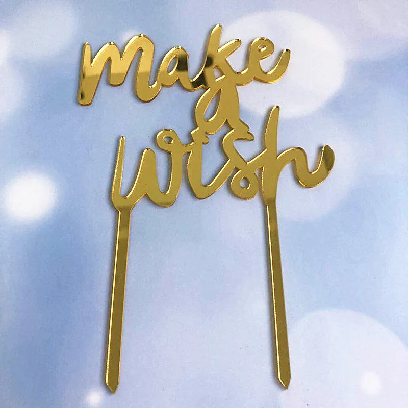 New Gold Laser Make Wish Acrylic Cake Topper Happy Birthday Cupcake Supplies For Wedding Party Decorations | Дом и сад
